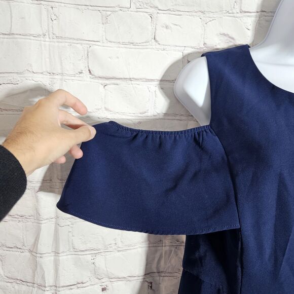 Bardot Womens 8 M Navy Jessie Sheath Dress Cold Shoulder Midi Cocktail Elegant - Picture 2 of 11